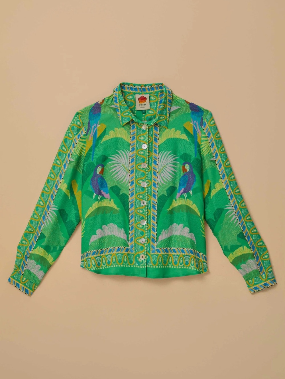 FARM Rio Macaw Scarf Green Tropical Parrot Button-Down Shirt NEW - Picture 3 of 9